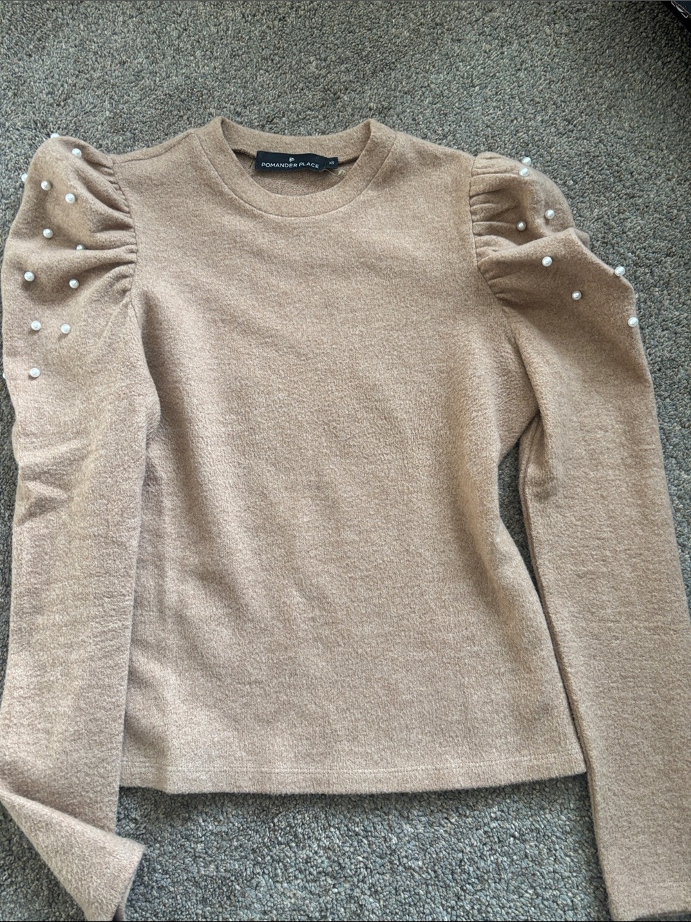 Pomander Place Tan Pearl-Embellished Puff Sleeve Sweater